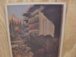 1909 Winchester Ad Poster Bear in Cabin Hunter w Gun
