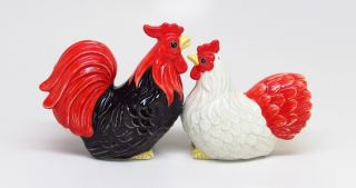 Black & White Rooster & Hen Ceramic Salt & Pepper Shaker Set Chicken 