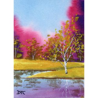    Painting watercolor Landscape Birch Tree lake river Colors trees