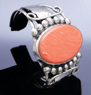 Big Pink Coral Feather Design Cuff Bracelet   Mexican Silver