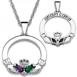   Couples Sterling Silver Claddagh Anam Cara Birthstone Necklace