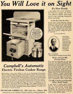 1928 Ad William Campbell Electric Fireless Cooker Range   ORIGINAL 