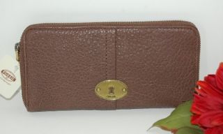 New Fossil Quinn Taupe Brown PEBBLED Leather Zip Around Wallet Clutch 