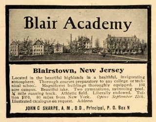 1912 Ad Blair Academy John Sharpe New Jersey School Original 