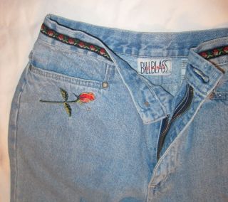 BILL BASS Classic Jeans Light Denim Wide Leg Embroidered Roses High 