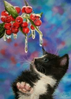 HOGAN BLEVINS art CAT realism KITTEN holly CHRISTMAS original OIL 