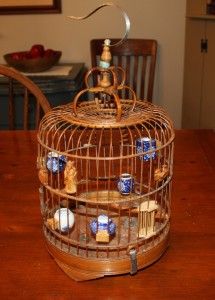   Asian Chinese Bamboo Bird Cage w Canton Porcelain Feeders