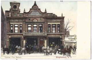 Binghamton NY Central Fire Station Horse Drawn Wagons 1913 Vintage 