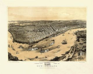 Birds Eye View 1851 New Orleans La Old City Map 24X30