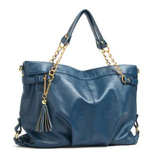 Navy Blue Gold Chain Tassel Handles Tote Shoppers Shoulder Bags 