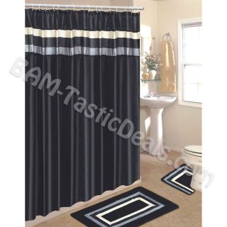Black 18 PC Bathroom Set 2 Rugs Mats 1 Fabric Shower Curtain 12 
