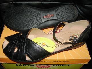 Earth Spirit Black Genuine Leather Sandal Shoe sz 11 Elena NIB
