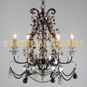 New Metal Glass Chandelier Silver Finish Black Crystal Beads w Pears 