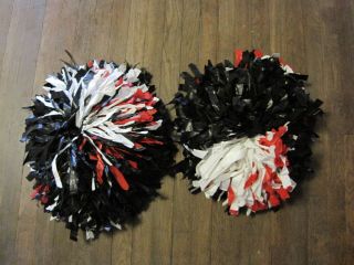 PAIR TWO PREOWNED RED WHITE BLACK 8 INCH CHEERLEADER BATON POMS