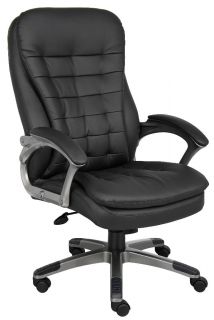 Black Leather Desk Office Chair with Pewter Finish and Padded Arms 