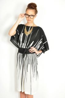 Vtg 80s Black White Pen Ink Kimono Sleeve Sheer Avant Garde MIDI Dress 