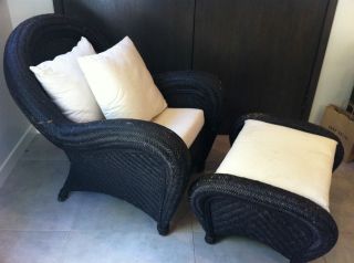 Pottery Barn Black wicker Malabar Chair and Ottoman with Cushions