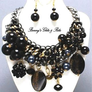 Black & Gold Statement Chunky Pearl Necklace Set Costume Jewelry WOW 