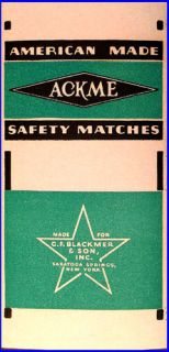 1950s G.F. Blackmer ACKME Safety Matches Match Box Label  Saratoga 