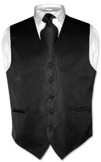 Mens Dress Vest Neck Tie Black Vertical Striped Design