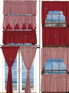 British Red White Check or Solid Curtains Valance Panels Swags Tiers 