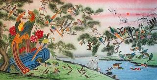   Painting Hundred of Birds Pilgrim Phoenix SunGlow Pine Tree