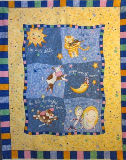   Panel Quilt Top Baby Hey Diddle Nursery Rhymes Blue Yellow New