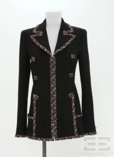   Black Wool & Multicolor Trim Madame Gripoix Button Blazer Jacket Sz 38