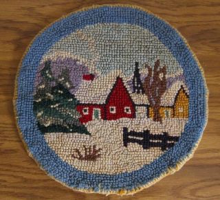 Vintage HOOKED RUG CHAIR PAD Country SNOW Christmas WINTER Round