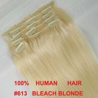 20 Clip in Human Hair Extensions Bleach Blonde 613
