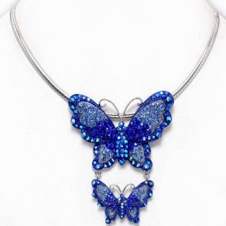 Chunky/Dangled ~ Shades of Blue Crystal Double Butterfly Pendant 