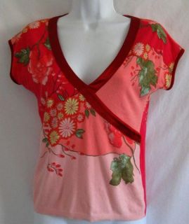 BLUMARINE Pink Floral Print M Stretch Knit Sweater Top Shirt Satin 