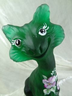 Fenton 11 Alley Cat Emerald Green Satin Glass Hand Painted with 
