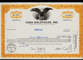 Gold Mining Yuba Goldfields Inc California Old Stock Certificate 1974 