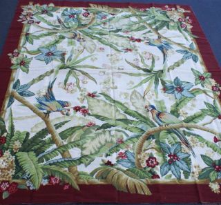   Tropical Parrots Foliage Wool Needlepoint Rug w Dark Red Border