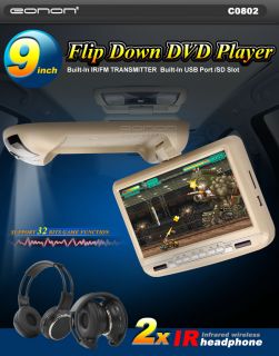   LCD Tan Flip Down Ceiling Monitor DVD Player Wireless Headset 8d