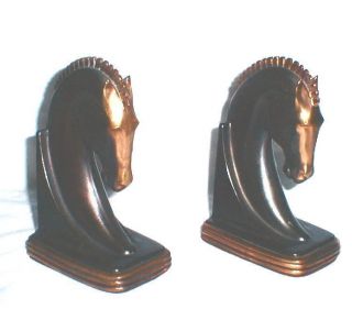ANTIQUE ART DECO DODGE HORSE HEAD BOOKENDS COPPER BRONZE WITH LABELS 