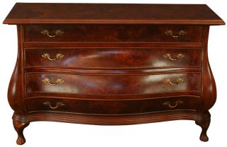 Reproduction Dutch Bombe Chest of Drawers Burled Mahogany 4 Drawers 