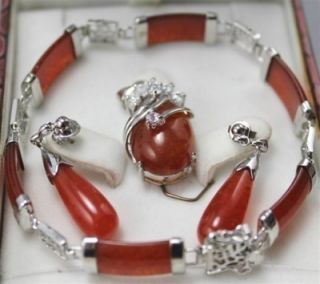 Beautiful Red Jade Bracelet Earring Ring Sets