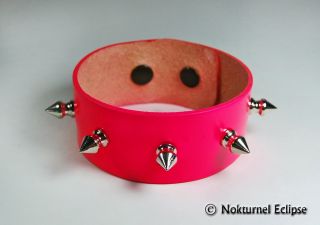 Fluorescent Hot Pink Spiked Leather Wristband Bracelet