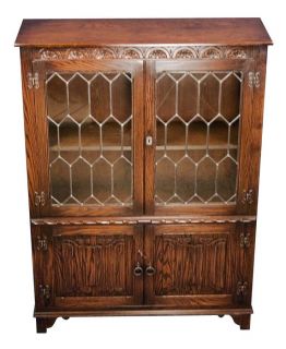 Antique Style Oak Leaded Glass Linenfold Carving Bookcase