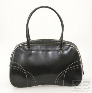 Prada Black Brushed Leather White Topstitched Bowler Bag