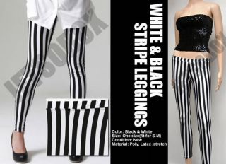 Opaque Black White Vertical Stripe Leggings Pant Tight
