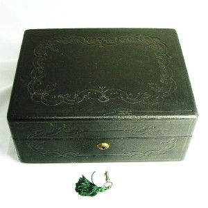   Quality Antique Leather Jewellery Ring Box Bramah Lock C1870