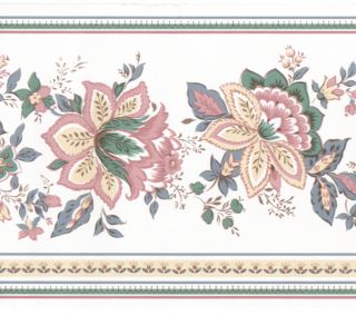   Jacobean Floral Flower Mauve Pink on White Wall Paper Border