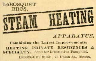 1882 Ad Lebosquet Bros Steam Heating Apparatus Boston Original 