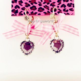 Betsey Johnson Purple Crystal Rhinestone Heart Bow Earrings