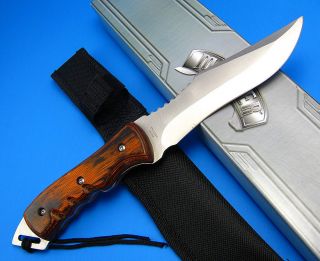   Sawback Finger Groove Wood Handle Fixed Blade Bowie Hunting Knife