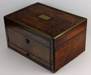 19th Century Figured Rosewood Brass Inlaid and Banded Sewing Box
