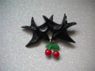 BLACK SWALLOW CHERRY BROOCH VINTAGE PINUP ROCKABILLY SWALLOW